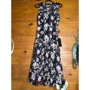 Lulus In My Dreams Black and Pink Floral Print Midi Dress Tiered Resort Small thumbnail 2