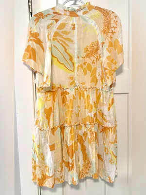 Olivaceous Good Karma Tiered Babydoll Boho Floral Mini Dress Size Medium thumbnail 3