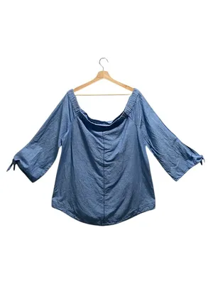 Free People Show Me Some Shoulder Chambray Top Blue Size L Minimalist Boho Beach thumbnail 12