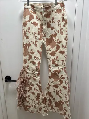Cream & Brown Cowprint Fringe Flare Jeans Medium 28 in western boho festival thumbnail 3