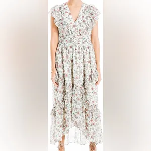 NWT max studio Georgette green garden Floral Ruffle midi maxi dress size S thumbnail 2