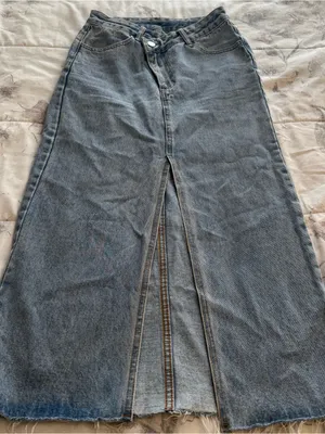 High-Rise Light Blue Denim Maxi Skirt with Front Slit, size XS western casual thumbnail 12