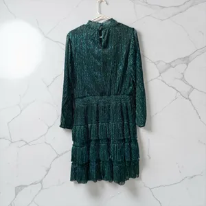 Women's Green Metallic Tiered Long Sleeve Mini Dress thumbnail 3
