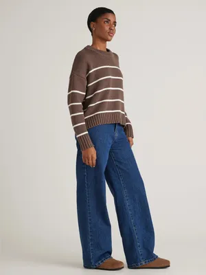 QUINCE 100% Organic Cotton Striped Crew Sweater Heather Brown Ivory Medium thumbnail 3