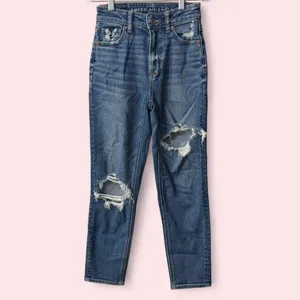 Women’s American Eagle Mom Straight Jeans Distressed 000 Regular Cool Torn Blue thumbnail 3