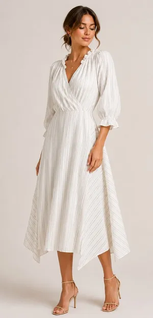 Maison Tara Midi Dress Womens 10 White Striped Excellent Ruffle Wrap V-Neck Puff thumbnail 1