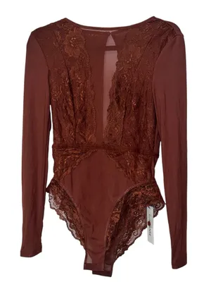 Commense Long Sleeve Sheer Lace Mesh Bodysuit Brown NWT Sold Out Size Small thumbnail 2