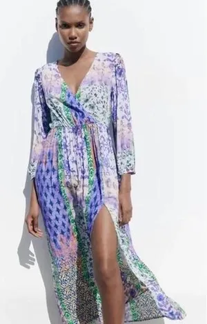Zara Patchwork Print Maxi Dress‎ Multicolored V-Neck Boho Slit Size M thumbnail 1