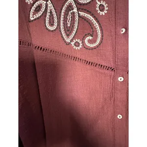 Zara Burgundy Embroidered Cotton Blouse Ruffle Neck Boho Top L 7200/228/681 thumbnail 6