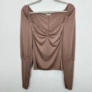Intimately Free People Size Large Ciao Bella Long Sleeve Ruched Top Brown Ribbed thumbnail 2