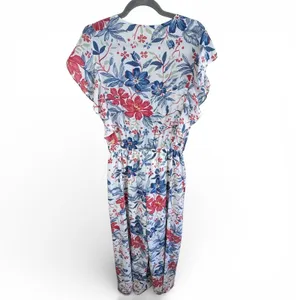 Umgee Tropical Hawaiian‎ Floral Jumpsuit Red Blue White Ruffled Straight Leg L thumbnail 2