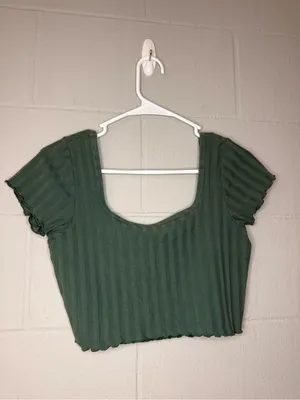 OFFLINE By Aerie Green Ribbed Square Neck Lettuce Hem Crop Top Size Medium thumbnail 2