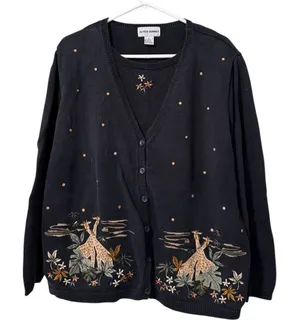 Alfred Dunner Safari Giraffe Sequin Embroidered 2 Piece Cardigan Sweater XL‎ VTG thumbnail 1