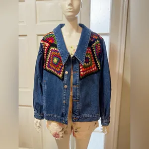 Farm Rio X Anthropologie Crochet Denim Trucker Jacket SZ Medium thumbnail 2