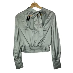 Express Sage‎ Green Satin Open Back Long Sleeve Blouse XS thumbnail 2