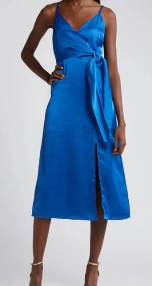 Anthropologie Chelsea28 Women Dress XL Blue Satin‎ Faux Wrap Midi Party Cocktail thumbnail 1