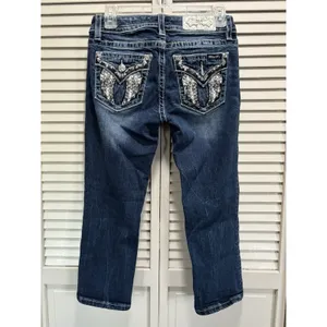 Miss Me Crop Denim Jeans Sequins/Embroidered/Gems Logo‎ Size 27 Western/Boho thumbnail 3