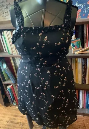 Lulu’s In the Garden black pink barbiecore floral L skater dress thumbnail 1