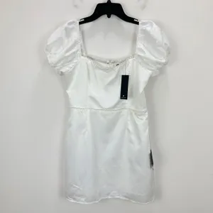 Lulus Adorable Poise White Pearl Puff Sleeve Mini Dress Satin Party Large NWT thumbnail 5