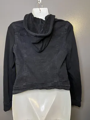 WallFlower Jacket Womens Small Black Denim Hooded Knit Sleeves Button Cropped thumbnail 5