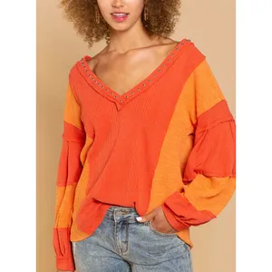 Charming Charlie sz L Women Studded Waffle VNeck Long Sleeve Top patchwork stitch thumbnail 3