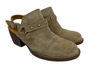 Born‎ Bagley Clogs Mules 7 Suede Leather Studded Taupe Harness Buckle thumbnail 1