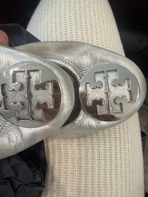 Tory Burch Reva Silver Metallic Ballet Flats Logo Medallion thumbnail 3