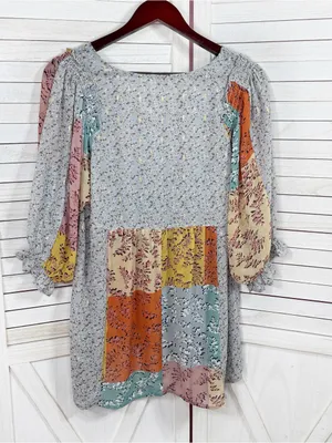 UMGEE Floral Patchwork Print‎ V Neck Chiffon Blouse Grey Multi Medium Boho thumbnail 8