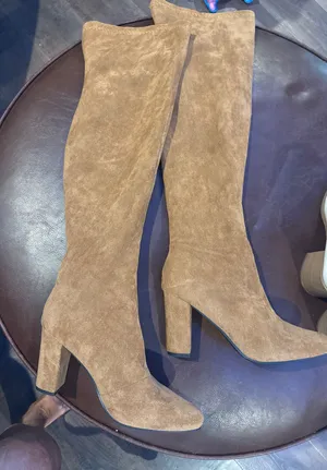 SHEIN Tan Suede Over-The-Knee Boots in Brown thumbnail 1