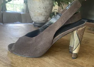 Pelle Moda Brown Suede Open-Toe with Strap, 4.5 Inch Heels Size 8.5 thumbnail 1
