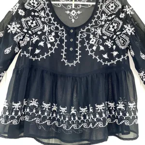Free People Pennies Squel Navy Sheer Embroidered Top Size Small thumbnail 4