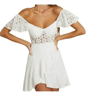 Flirty Daisy Floral Flutter Sleeve A-Line Boho Mini Dress White Size Large NWT thumbnail 1