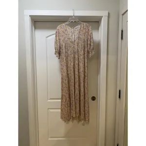 Faithfull The Brand La Falaise Dress Womens Large Beige Floral Puff Sleeve Boho thumbnail 2