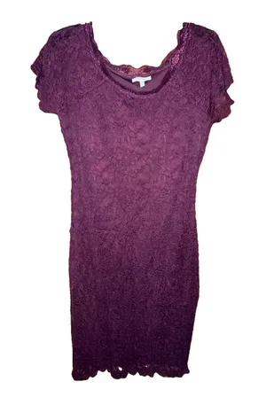 Maroon Floral Lace Sheath Dress Short Sleeve Scalloped Lined Knee Length Medium thumbnail 1