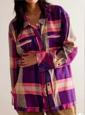 Free People We The Free So Long Summer Preppy Plaid Button Up Boho Flannel Top thumbnail 1