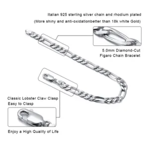 NEW Unisex Rhodium Plated 925 Sterling Silver‎ Figaro Chain Bracelet, 8” thumbnail 13