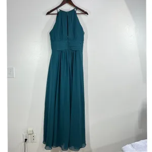 Azazie Bonnie Bridesmaid‎ Dress Peacock Blue Chiffon Halter Maxi Formal Gown thumbnail 4