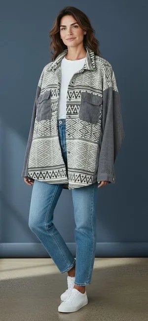 Davi‎ & Dani Womens 1XL Grey Aztec Corduroy Mixed Media Oversized Shacket Jacket thumbnail 1