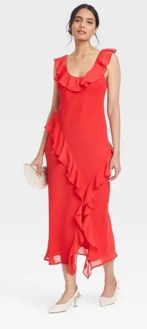 🌺A New Day Red Ruffle Maxi Dress Size Large 🌺 thumbnail 1