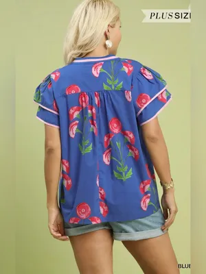 New! Umgee Cotton Plus Size Blue Floral V-Neck Women’s Top Size 2X thumbnail 5
