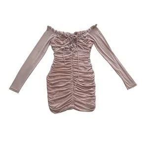 HELLO MOLLY Can I Get A‎ Witness Dress Medium Pink Ruched Lace Up Off Shoulder thumbnail 2