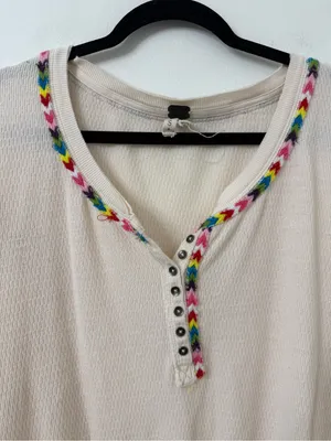 {S} We the Free Free People Cream Waffle Knit Henley Top with Multicolor Trim thumbnail 3