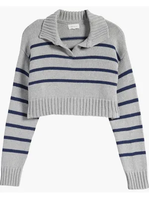 PacSun Callie Cotton Stripe Crop Polo Sweater Heather Gray XL thumbnail 3