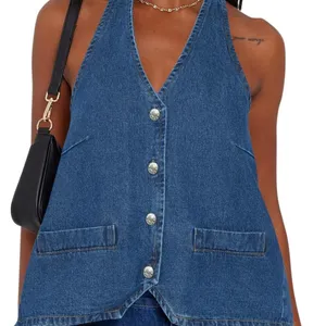 Women's Blue Denim Halter Vest Top Size Large Very Stylish thumbnail 3