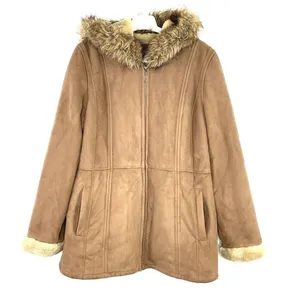 Gallery Women’s Jacket Faux Suede Leather Faux Fur Beige Size Large Hooded thumbnail 1