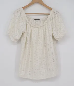 Suzy Shier Cream Eyelet Off the Shoulder Peasant Blouse Large Short Sleeve Boho thumbnail 1