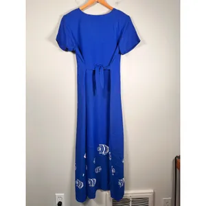 Connie Choi Maxi Dress Womens M Blue Fish Print Vintage 90s Short Sleeve‎ USA thumbnail 2