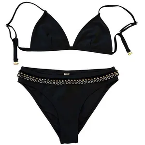 Cupshe Black Bralette Top High Rise Cheeky Bottoms with Gold Grommet detail M thumbnail 1