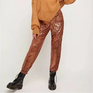 Free People Morelia Bronze Sequin Jogger Pants Sz M Shiny Sparkly Party Festival thumbnail 3