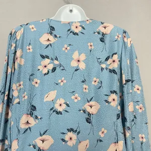 Rebecca Taylor Daniella Floral Blouse Dot Pattern Blue V-Neck Top Tie Cuff Women thumbnail 8